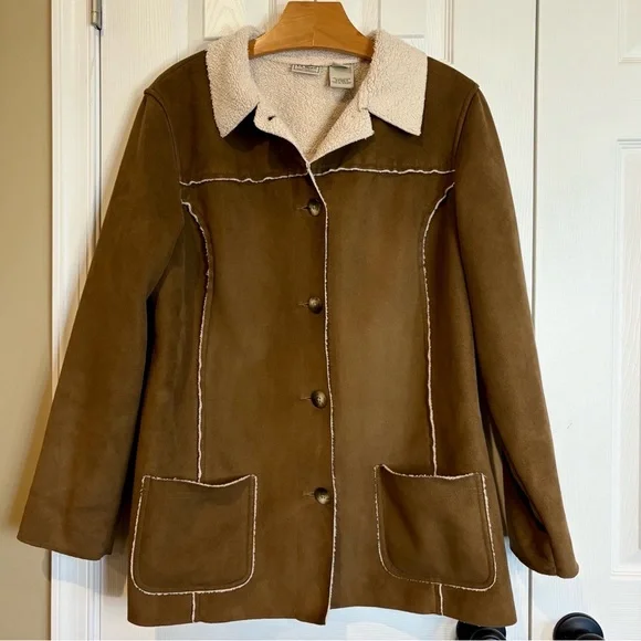 L.L. Bean Faux Suede Sherpa Lined Coat Jacket, Brown Button Up Women's Large - Picture 2 of 11